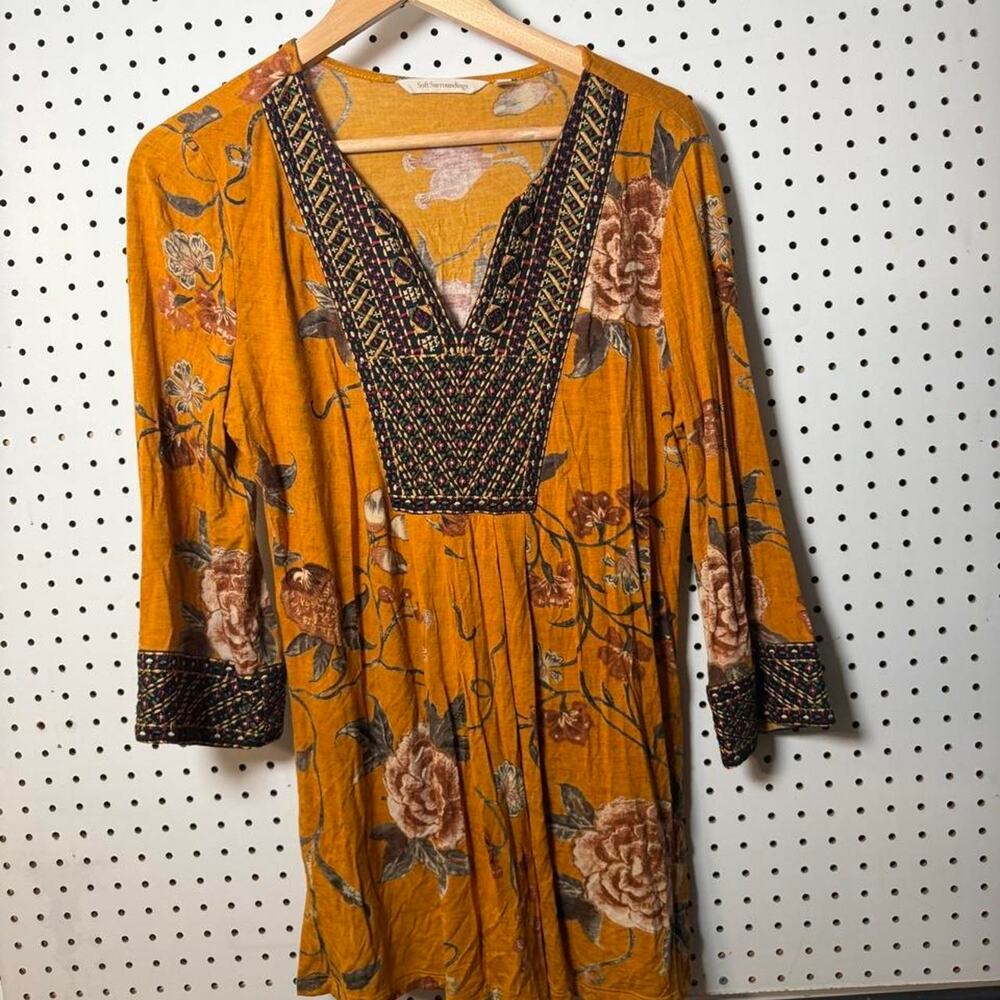 Soft Surroundings Blouse Women's Med Mustard Yellow Floral Embroidered Trim Boho